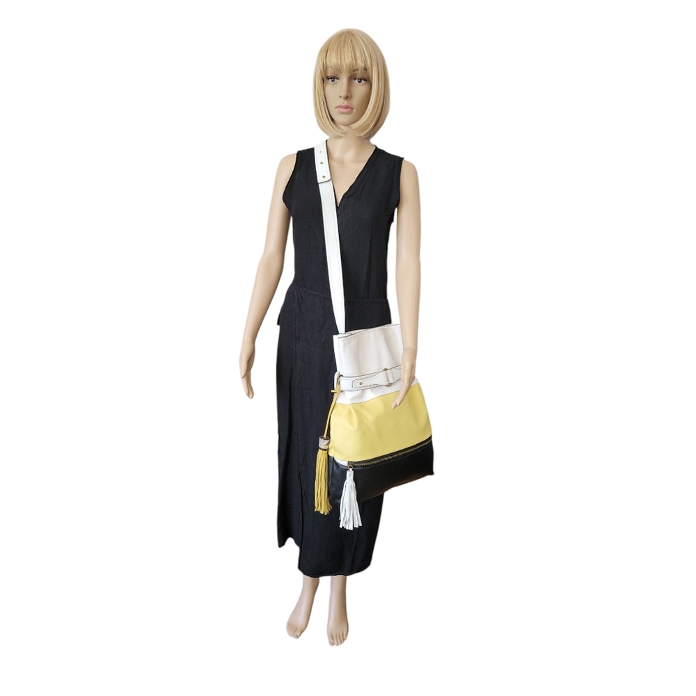 Charles Jourdan Leather Boho Crossbody Bag, Black/Yellow/ White, NWOT